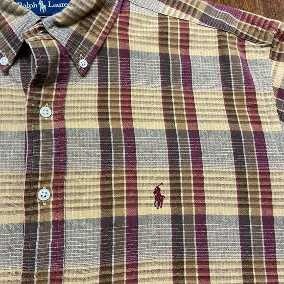 Polo Ralph Lauren Blake Vintage 90s Plaid Tan Maroon Button Front Shirt Large - Picture 3 of 8